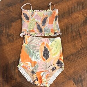 Kortni Jeane Tropical Smocked Bikini Top in Orange & Cream